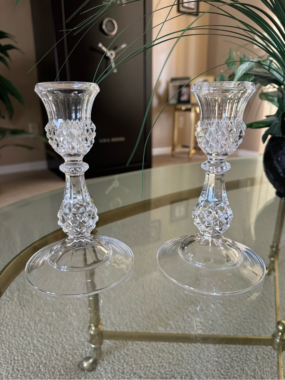 Set of 2 Clear Cut Glass Crystal Taper Candle Holders 7" Vintage Style